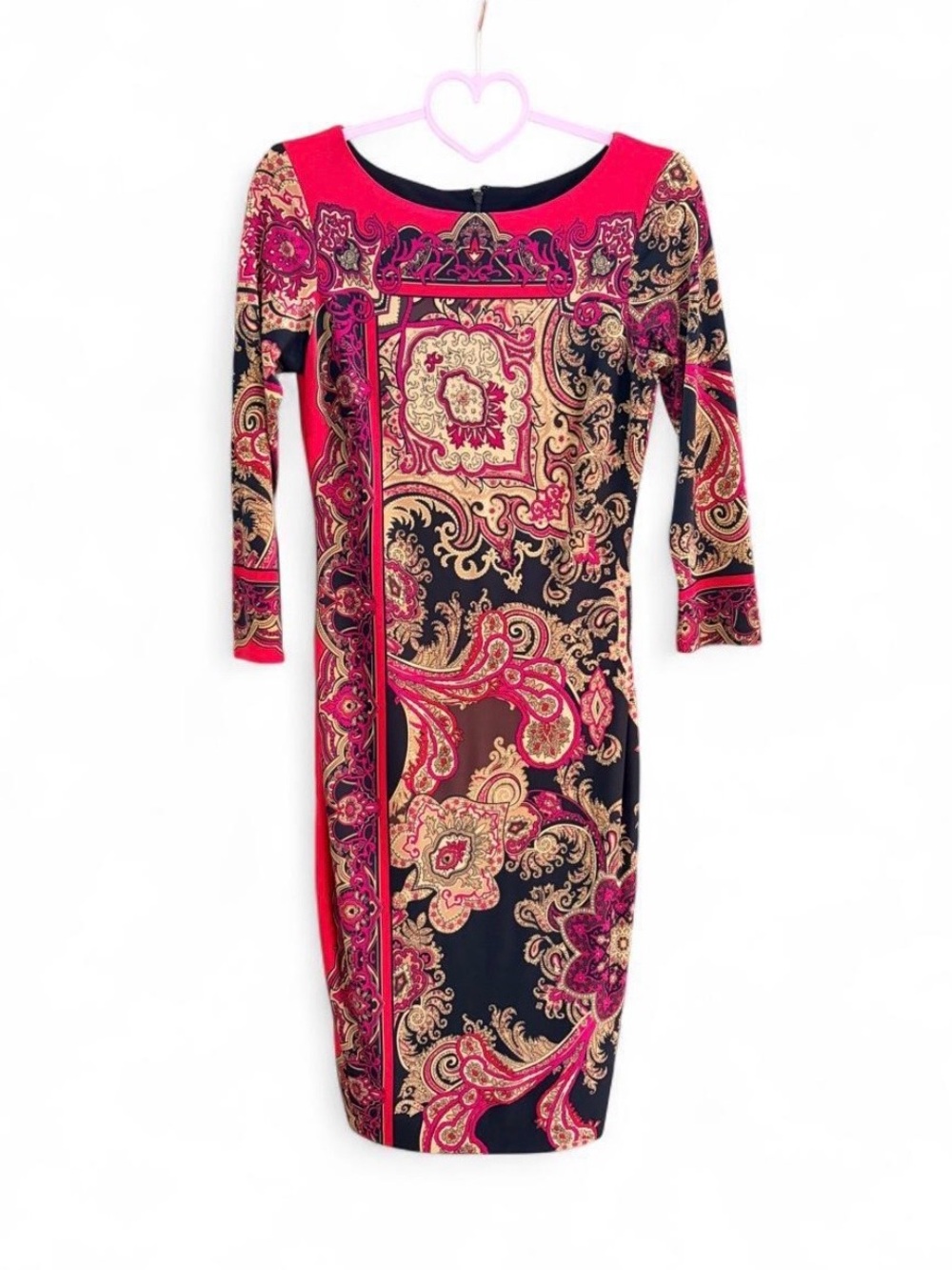 Cache Designer Inspired Y2K Printed Dress  Gold Statement Dress Party Size 2